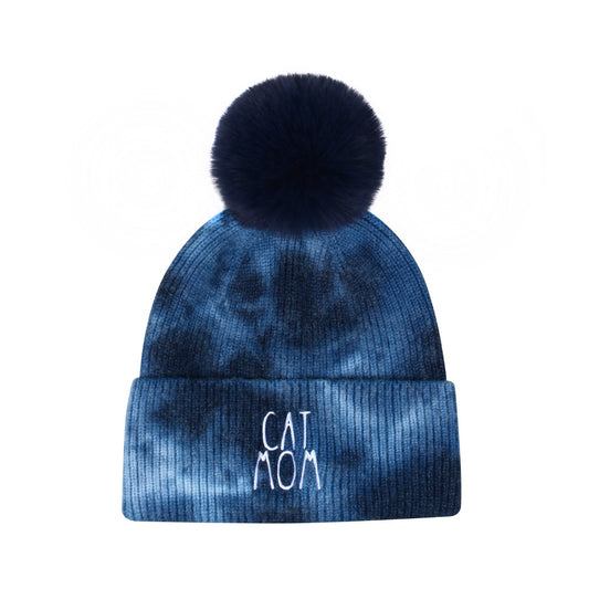 Tie Dye Cat Mom Pompom Beanie